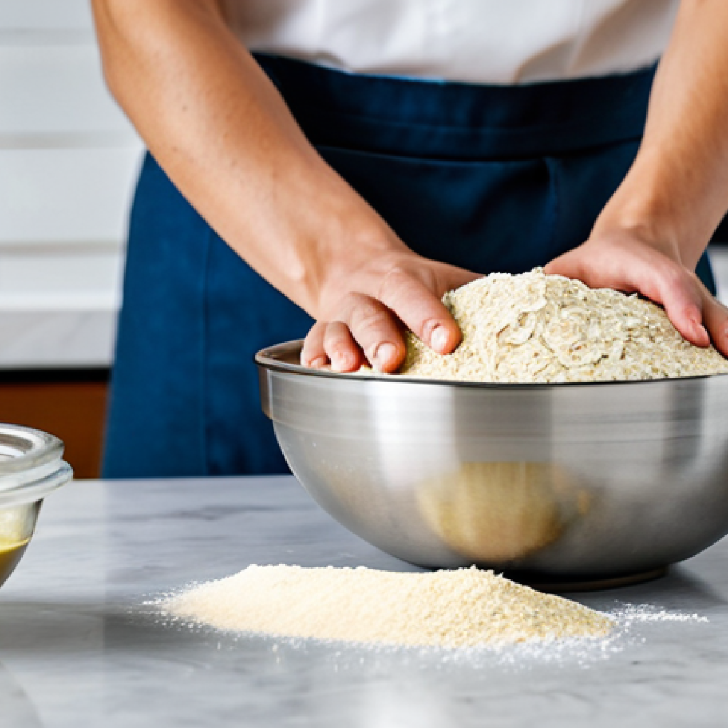 A close-up shot of skilled hands, fully clothed in professional kitchen attire, meticulously mixing dough in a sleek stainless steel bowl. Various alternative flours like oatmeal, almond, and coconut flours are visible in elegant glass jars on a clean, modern kitchen counter. Bottles of high-quality olive oil and virgin coconut oil are artfully arranged nearby. The background is a bright, professional bakery kitchen, emphasizing innovation and healthy baking. Perfect anatomy, well-formed hands, proper finger count, correct proportions, natural pose, natural body proportions. Safe for work, appropriate content, fully clothed, professional.