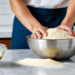 A close-up shot of skilled hands, fully clothed in professional kitchen attire, meticulously mixing dough in a sleek stainless steel bowl. Various alternative flours like oatmeal, almond, and coconut flours are visible in elegant glass jars on a clean, modern kitchen counter. Bottles of high-quality olive oil and virgin coconut oil are artfully arranged nearby. The background is a bright, professional bakery kitchen, emphasizing innovation and healthy baking. Perfect anatomy, well-formed hands, proper finger count, correct proportions, natural pose, natural body proportions. Safe for work, appropriate content, fully clothed, professional.