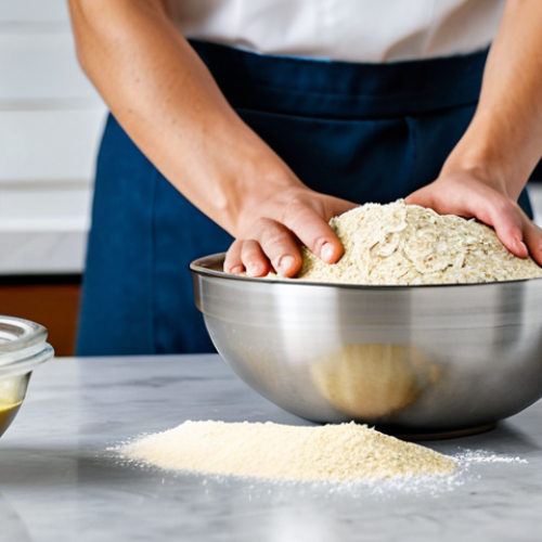 Home 4 A close-up shot of skilled hands, fully clothed in professional kitchen attire, meticulously mixing dough in a sleek stainless steel bowl. Various alternative flours like oatmeal, almond, and coconut flours are visible in elegant glass jars on a clean, modern kitchen counter. Bottles of high-quality olive oil and virgin coconut oil are artfully arranged nearby. The background is a bright, professional bakery kitchen, emphasizing innovation and healthy baking. Perfect anatomy, well-formed hands, proper finger count, correct proportions, natural pose, natural body proportions. Safe for work, appropriate content, fully clothed, professional.