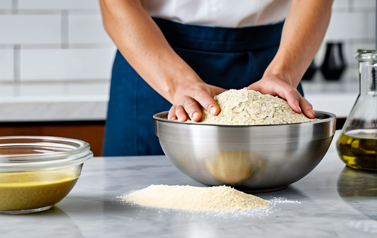 A close-up shot of skilled hands, fully clothed in professional kitchen attire, meticulously mixing dough in a sleek stainless steel bowl. Various alternative flours like oatmeal, almond, and coconut flours are visible in elegant glass jars on a clean, modern kitchen counter. Bottles of high-quality olive oil and virgin coconut oil are artfully arranged nearby. The background is a bright, professional bakery kitchen, emphasizing innovation and healthy baking. Perfect anatomy, well-formed hands, proper finger count, correct proportions, natural pose, natural body proportions. Safe for work, appropriate content, fully clothed, professional.