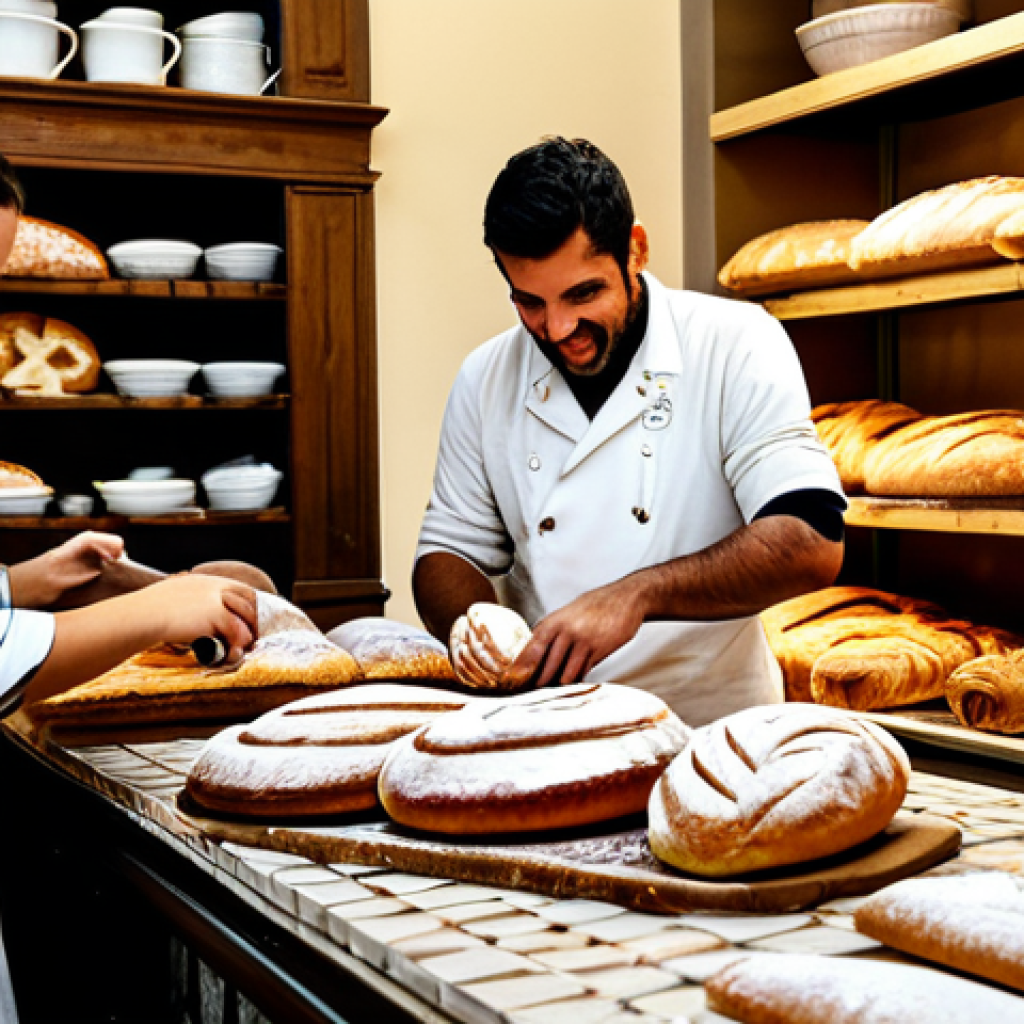 Artisanal Bakery Scene**

A bustling artisanal bakery in Lisbon, Portugal. Focus on a baker carefully shaping sourdough bread, with rustic loaves displayed on wooden shelves. In the background, customers are enjoying pastries and coffee. Include details like traditional Portuguese tiles and warm lighting. "Fully clothed," "appropriate attire," "safe for work," "professional," "perfect anatomy," "natural proportions," "high quality," "family-friendly".

**