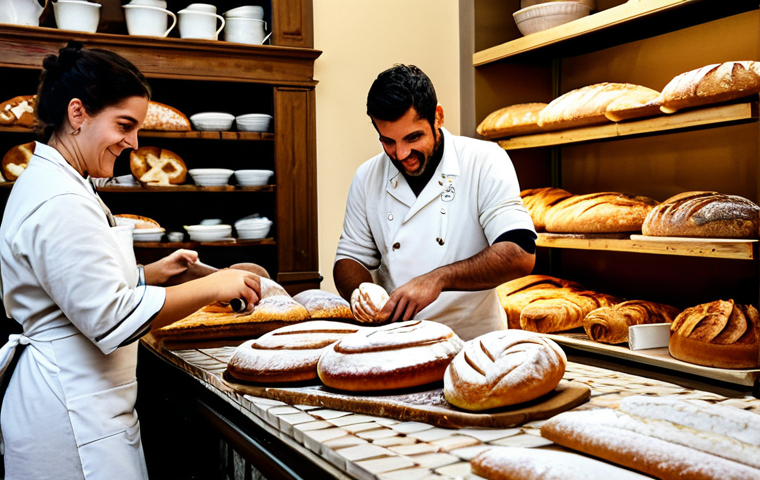 Artisanal Bakery Scene**
A bustling artisanal bakery in Lisbon, Portugal. Focus on a baker carefully shaping sourdough bread, with rustic loaves displayed on wooden shelves. In the background, customers are enjoying pastries and coffee. Include details like traditional Portuguese tiles and warm lighting. "Fully clothed," "appropriate attire," "safe for work," "professional," "perfect anatomy," "natural proportions," "high quality," "family-friendly".
**