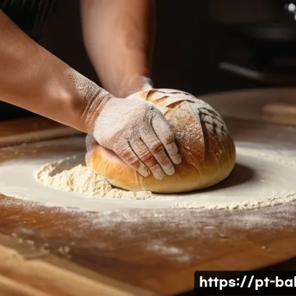 제과제빵 이론 과목 핵심 정리 - A close-up, highly detailed scene of artisan bread dough being kneaded by hand on a wooden surface, ...