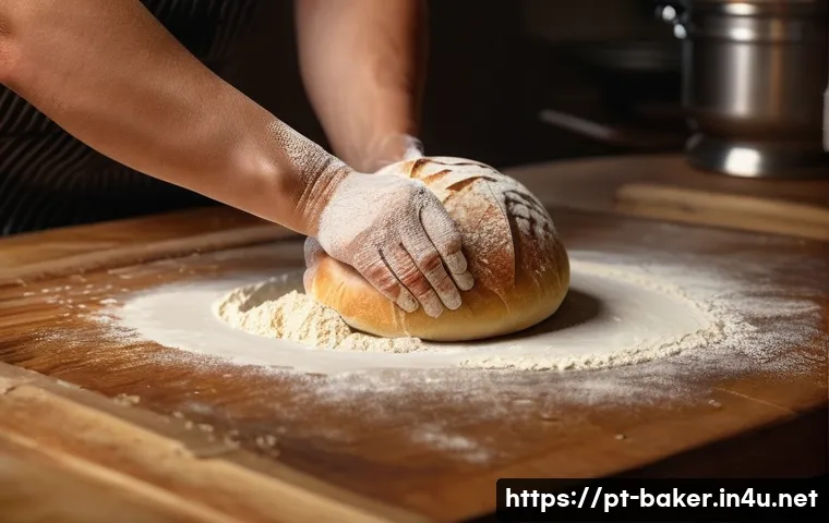 제과제빵 이론 과목 핵심 정리 - A close-up, highly detailed scene of artisan bread dough being kneaded by hand on a wooden surface, ...