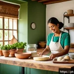 Home 22 제과제빵 관련 유용한 온라인 강의 - A cozy home kitchen setup for artisanal baking in Brazil, showcasing a rustic wooden countertop with...