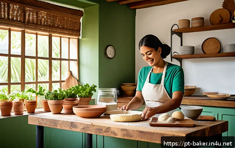 제과제빵 관련 유용한 온라인 강의 - A cozy home kitchen setup for artisanal baking in Brazil, showcasing a rustic wooden countertop with...