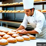 Home 21 제과제빵 관련 자격증 비교 분석 - A professional bakery kitchen scene showing a skilled baker wearing clean, professional attire inclu...