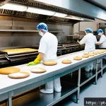 Home 20 제과제빵 업무 중 안전 수칙 - A professional bakery kitchen scene showing clearly separated work zones: a distinct area for dough ...