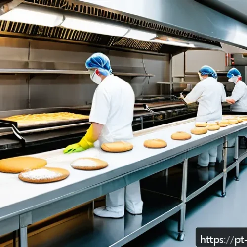 Home 32 제과제빵 업무 중 안전 수칙 - A professional bakery kitchen scene showing clearly separated work zones: a distinct area for dough ...