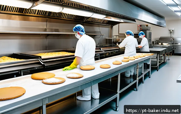 제과제빵 업무 중 안전 수칙 - A professional bakery kitchen scene showing clearly separated work zones: a distinct area for dough ...