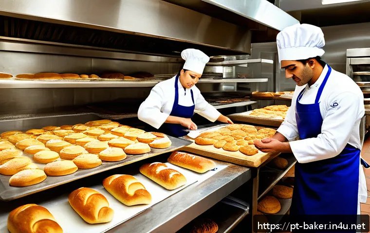제과제빵 직업 만족도 조사 - A busy artisanal bakery kitchen scene early in the morning with bakers and pastry chefs working inte...