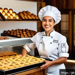 Home 18 제과제빵 업계에서의 여성 진출 사례 - A vibrant Brazilian bakery scene featuring a skilled female pastry chef wearing a stylish apron and ...