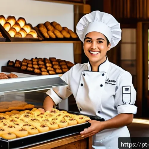 Home 30 제과제빵 업계에서의 여성 진출 사례 - A vibrant Brazilian bakery scene featuring a skilled female pastry chef wearing a stylish apron and ...