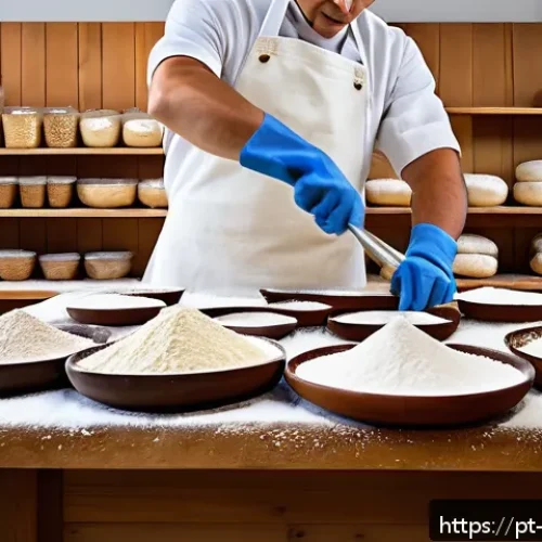 Home 17 제과제빵 필기 시험 기출문제 정리 - A professional bakery scene showcasing various types of flour sacks labeled in Portuguese, such as "...