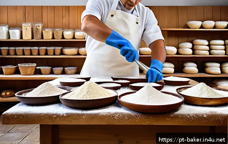 제과제빵 필기 시험 기출문제 정리 - A professional bakery scene showcasing various types of flour sacks labeled in Portuguese, such as "...