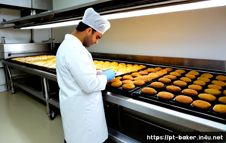 제과제빵 제품 품질 관리 요령 - Photorealistic artisan bakery quality control scene in Portugal, a food technician in clean white co...