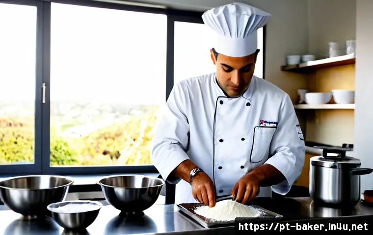 제과제빵 시험 중 실수 피하는 법 - Photorealistic Portuguese pastry certification exam kitchen, focused adult candidate in clean white ...